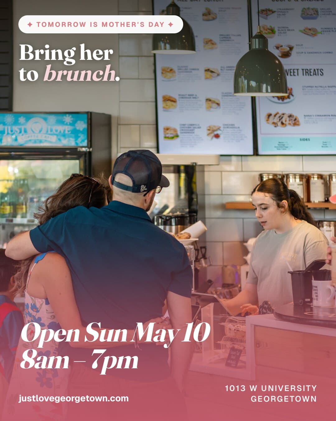 A couple at the Just Love Coffee Georgetown counter — bring her to brunch this Mother's Day