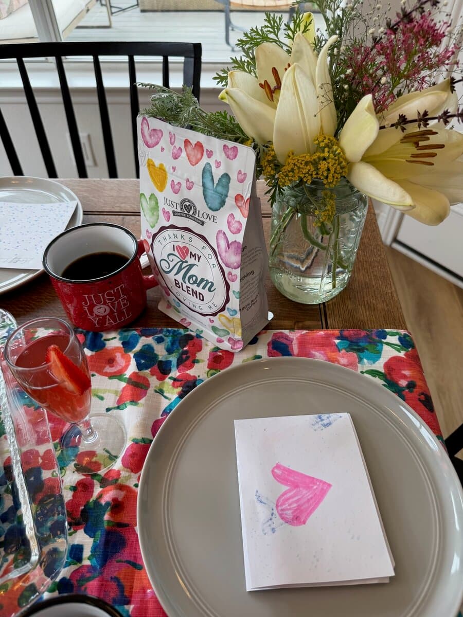 Mother's Day Reserve Roast bag with the Just Love Georgetown ceramic mug, coffee, and a kid-drawn heart card